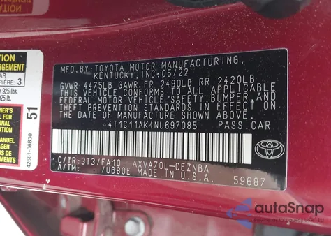 2022 Toyota Camry Le из США, поврежденный, VIN 4T1C11AK4NU697085